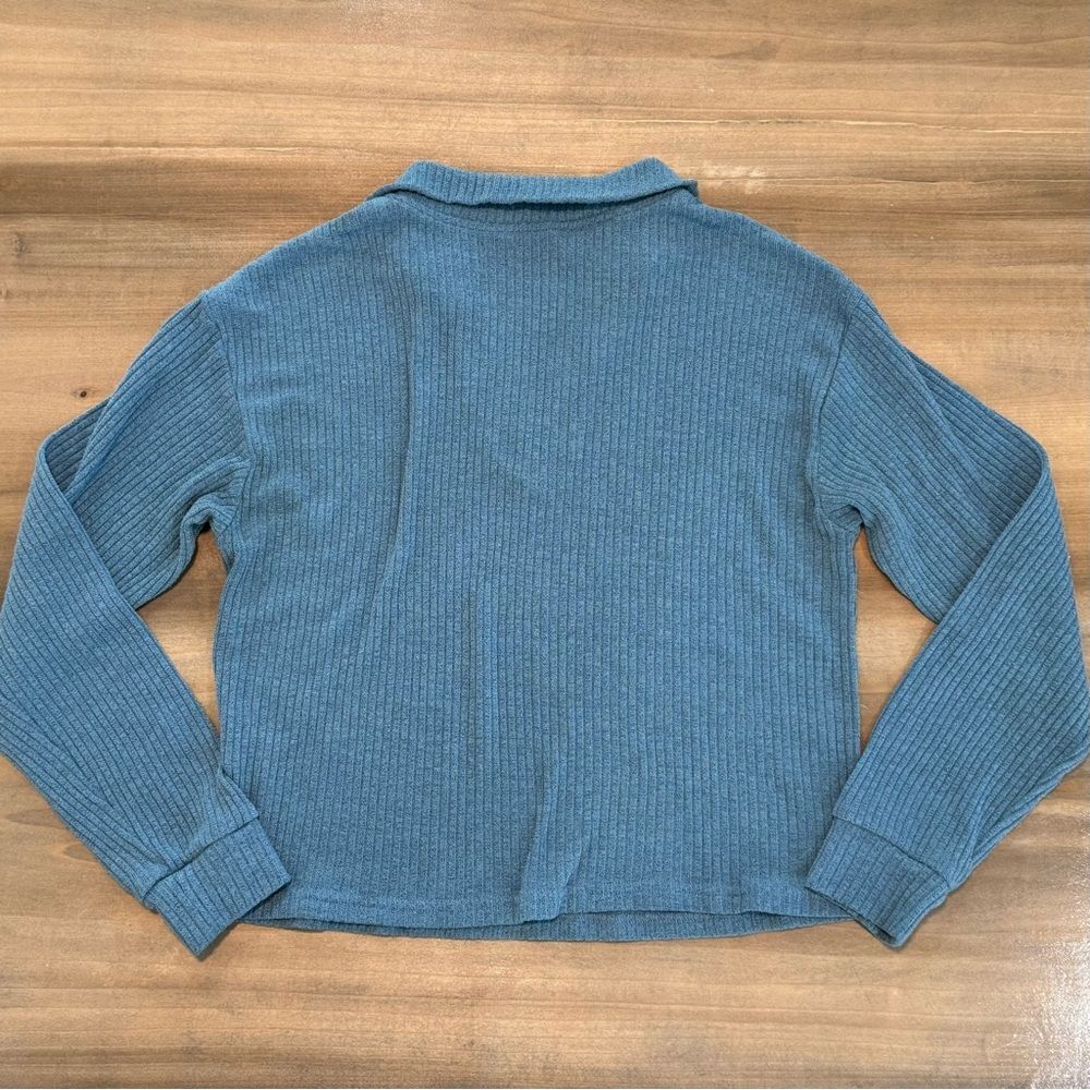 SHEIN Blue Ribbed Knit Collared Pullover Sweater Long Sleeve Casual Cozy Top - Picture 6 of 6
